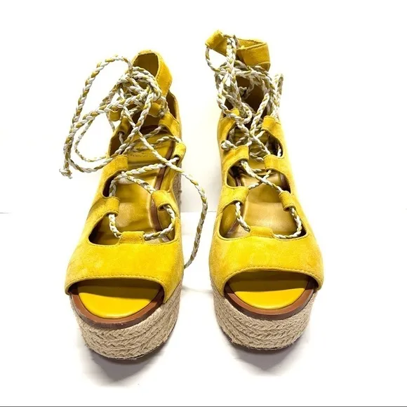 Tory Burch Positano Suede Lace-Up Sandals Heels Yellow