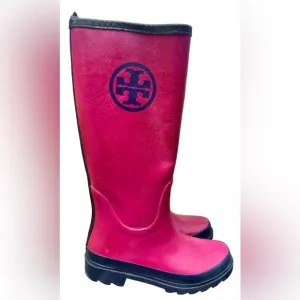 Tory Burch Rain Boots Women’s 6 Logo Pink Limited Edition Rubber Designer