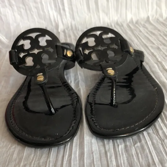 TORY BURCH Size 7.5 MILLER black patent leather thong slip ons sandals