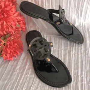 TORY BURCH Size 7.5 MILLER black patent leather thong slip ons sandals