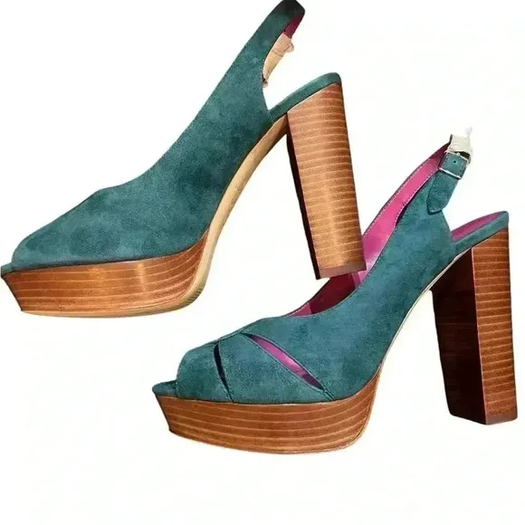 Trina Turk Joni Platform shoes Teal Suede 7.5 Party, Prom, Resort, Cruise