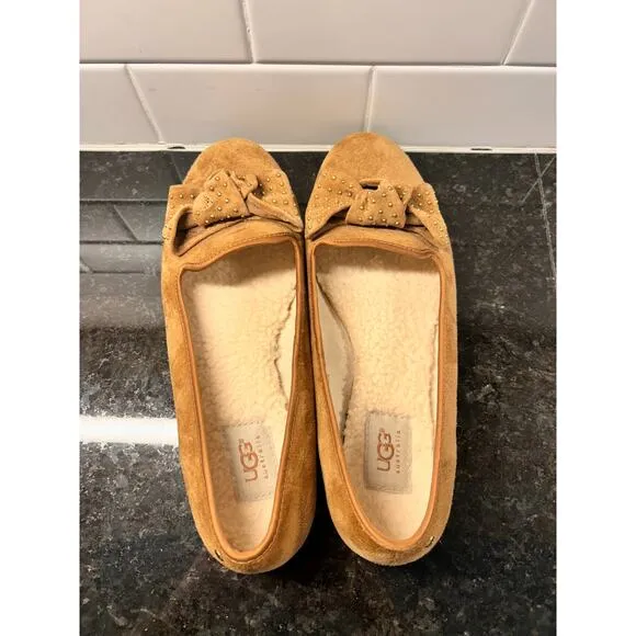 UGG Australia Alloway‎ Women's Suede Studded Bow Ballet Flats Shoes Brown SZ 9.5