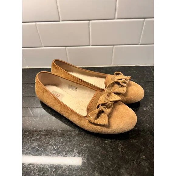 UGG Australia Alloway‎ Women's Suede Studded Bow Ballet Flats Shoes Brown SZ 9.5