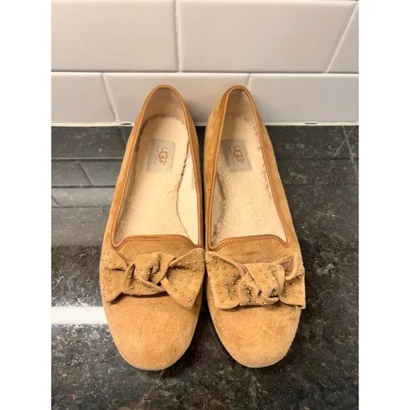 UGG Australia Alloway‎ Women's Suede Studded Bow Ballet Flats Shoes Brown SZ 9.5