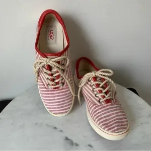 UGG AUSTRALIA Eyan Nautical Womans Lace Up Canvas Red Striped Tennis Shoes