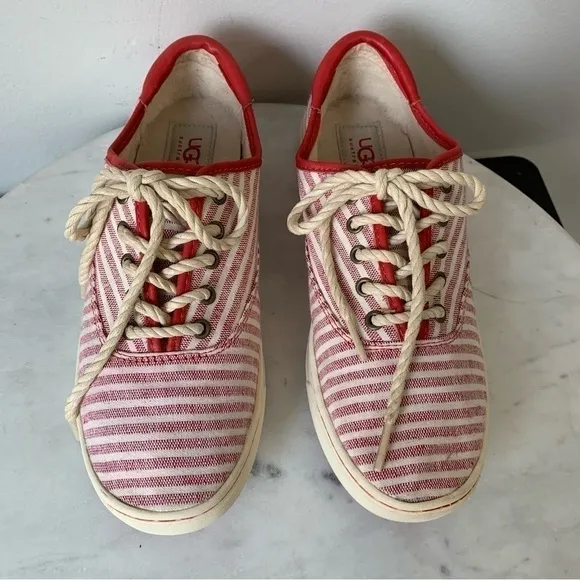 UGG AUSTRALIA Eyan Nautical Womans Lace Up Canvas Red Striped Tennis Shoes