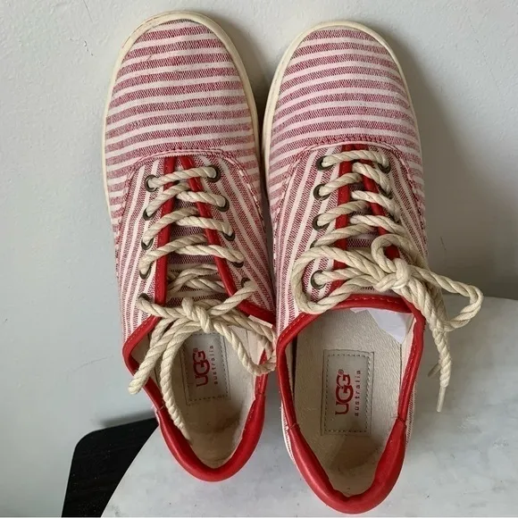 UGG AUSTRALIA Eyan Nautical Womans Lace Up Canvas Red Striped Tennis Shoes