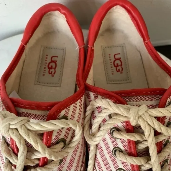 UGG AUSTRALIA Eyan Nautical Womans Lace Up Canvas Red Striped Tennis Shoes