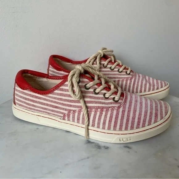 UGG AUSTRALIA Eyan Nautical Womans Lace Up Canvas Red Striped Tennis Shoes