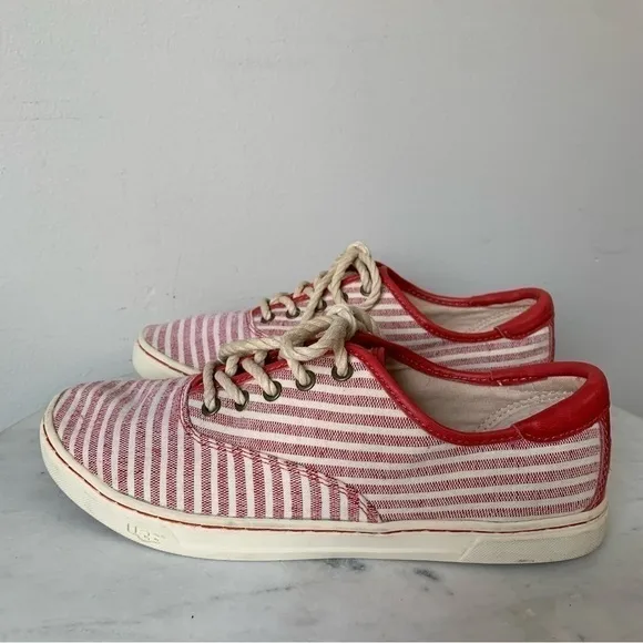 UGG AUSTRALIA Eyan Nautical Womans Lace Up Canvas Red Striped Tennis Shoes