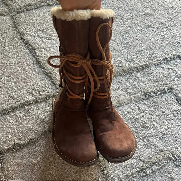 UGG Catalina Brown tall suede Leather Sheepskin Boots Shoes lace up 5