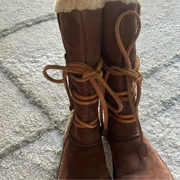 UGG Catalina Brown tall suede Leather Sheepskin Boots Shoes lace up 5