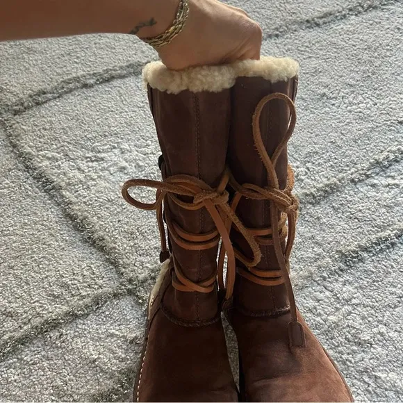 UGG Catalina Brown tall suede Leather Sheepskin Boots Shoes lace up 5