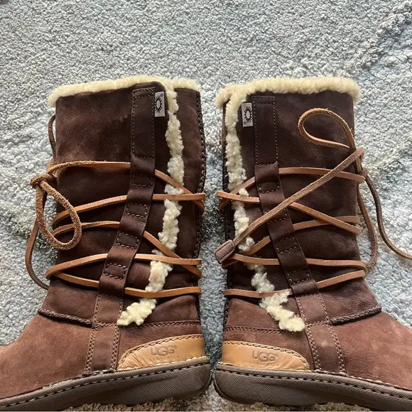 UGG Catalina Brown tall suede Leather Sheepskin Boots Shoes lace up 5
