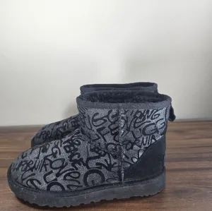 UGG CLASSIC MINI SPARKLE GRAFFITI WOMEN BOOTS SUEDE BLACK SIZE 7