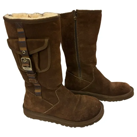 UGG Kid’s Dark Brown Suede‎ Boots with Sheepskin Lining Size 4
