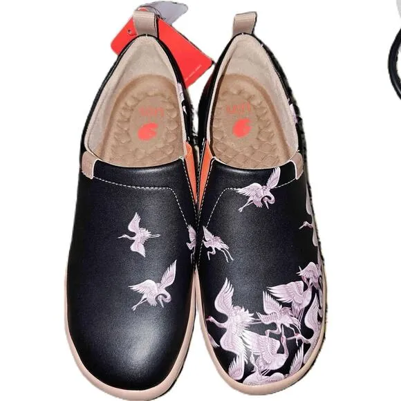 UIN Women's Travel Shoe Slip On PU Leather Vacation Loafers &quot;Crane in Dark&quot; 8
