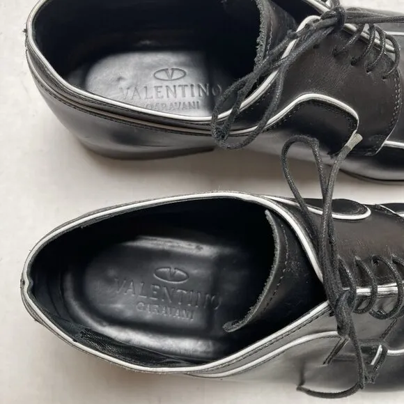 Valentino Mens Sz 12 Oxford Dress Shoes Black Leather White Trim Lace Up Wedding