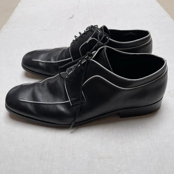 Valentino Mens Sz 12 Oxford Dress Shoes Black Leather White Trim Lace Up Wedding