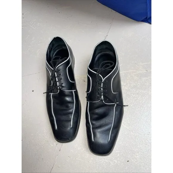 Valentino Mens Sz 12 Oxford Dress Shoes Black Leather White Trim Lace Up Wedding
