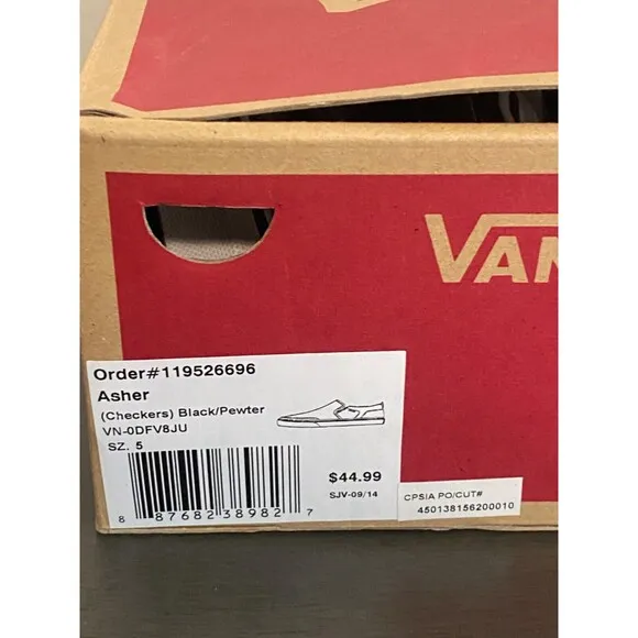 VANS Asher Canvas Slip On Skate Shoes Checkers Black Pewter Men's 3.5 Women's 5
