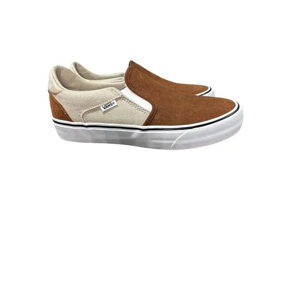 Vans Asher Deluxe Slip-On Mens Size 8 Brown &amp; White Suede Canvas Casual Sneakers