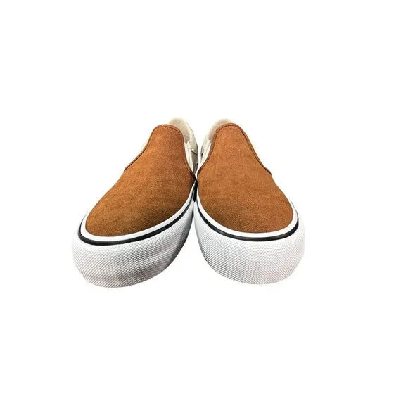 Vans Asher Deluxe Slip-On Mens Size 8 Brown &amp; White Suede Canvas Casual Sneakers