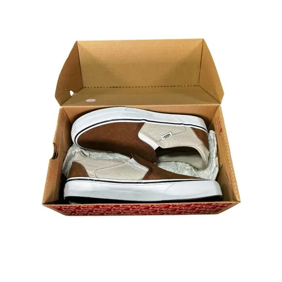 Vans Asher Deluxe Slip-On Mens Size 8 Brown &amp; White Suede Canvas Casual Sneakers