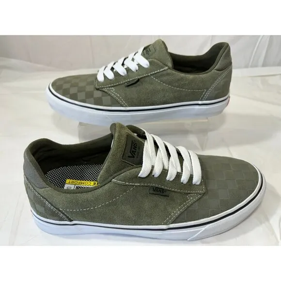 Vans Atwood Deluxe Olive Green Checkered Suede Canvas Skate Shoe Size 9.5