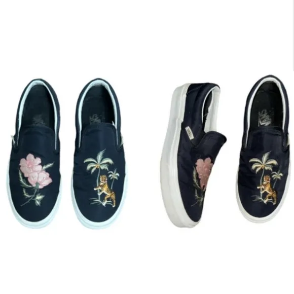 Vans Embroidered Tiger and Floral  Slip-On  Black Nylon Shoes Sneakers Sz 8