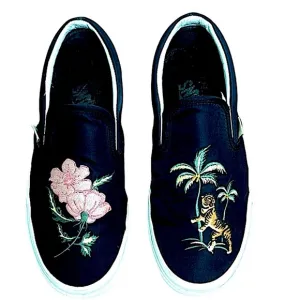 Vans Embroidered Tiger and Floral  Slip-On  Black Nylon Shoes Sneakers Sz 8