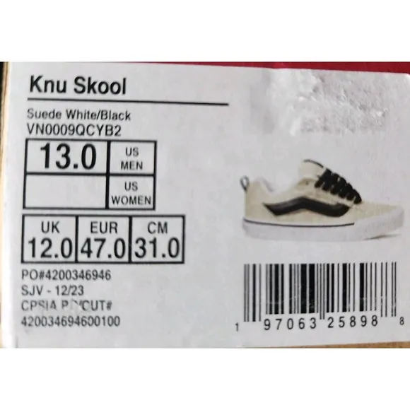 Vans Knu Skool Suede White Black  Size US 13 Men's New Rare Panda Sneakers