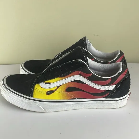 Vans Old Skool Shoes Mens Red Flames Canvas Suede Sneaker Low Top Sz 10.5