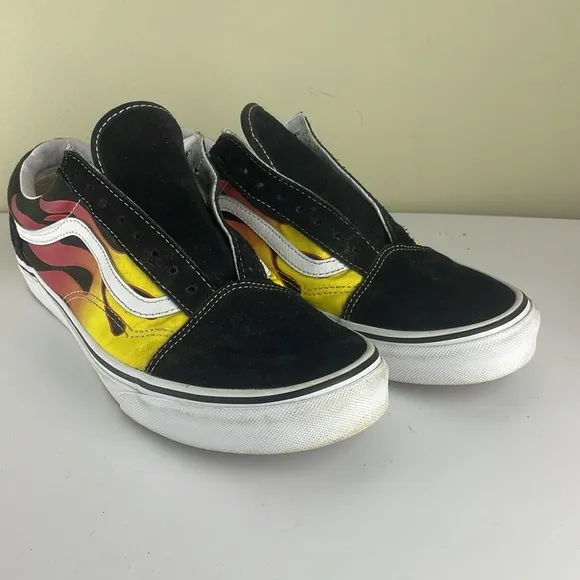 Vans Old Skool Shoes Mens Red Flames Canvas Suede Sneaker Low Top Sz 10.5