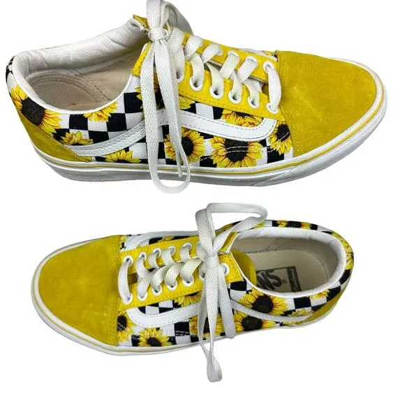 Vans Size 8 Womens Yellow Checkered Sunflower Suede Toe Old Skool Sneakers