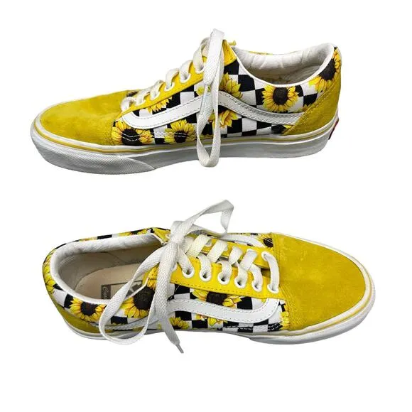 Vans Size 8 Womens Yellow Checkered Sunflower Suede Toe Old Skool Sneakers