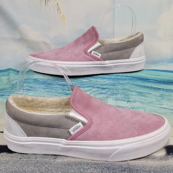 Vans Suede Shearling Slip On Pink Grey Water Repellent  Womens 10 Mens 8.5