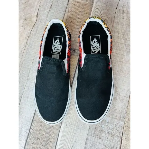 Vans Unisex Slip Ons Logo Flame Multi Skate Black Shoes sz M5.5/W7