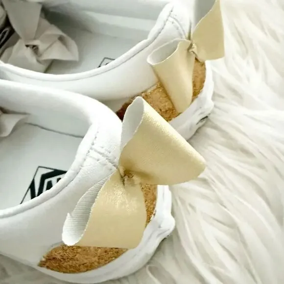 VANS | White Canvas Slip-On Classic Shoes True White Custom Gold Glitter Bow | 9