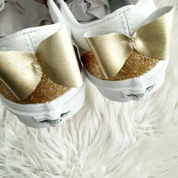 VANS | White Canvas Slip-On Classic Shoes True White Custom Gold Glitter Bow | 9