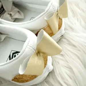 VANS | White Canvas Slip-On Classic Shoes True White Custom Gold Glitter Bow | 9