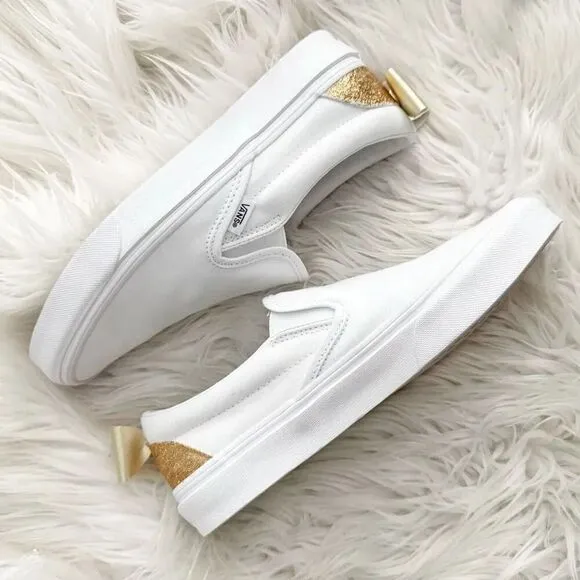 VANS | White Canvas Slip-On Classic Shoes True White Custom Gold Glitter Bow | 9
