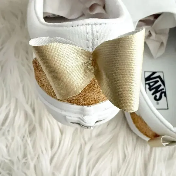 VANS | White Canvas Slip-On Classic Shoes True White Custom Gold Glitter Bow | 9