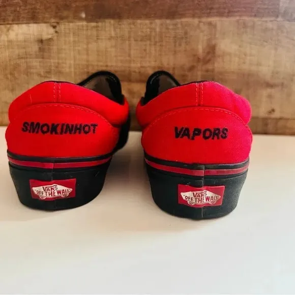 Vans Customized Slip Ons With Smokinhot VaporsWritten On The Back Of The Shoes