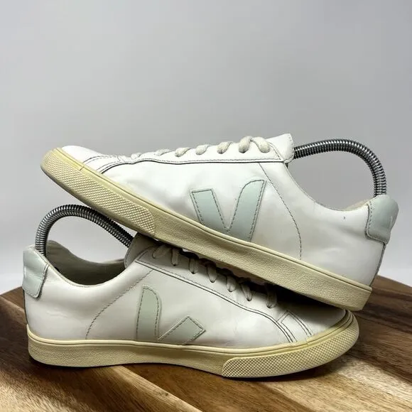 Veja Esplar Shoes Women's 8 White &amp; Mint Leather Lace Up Low Top Casual Sneakers