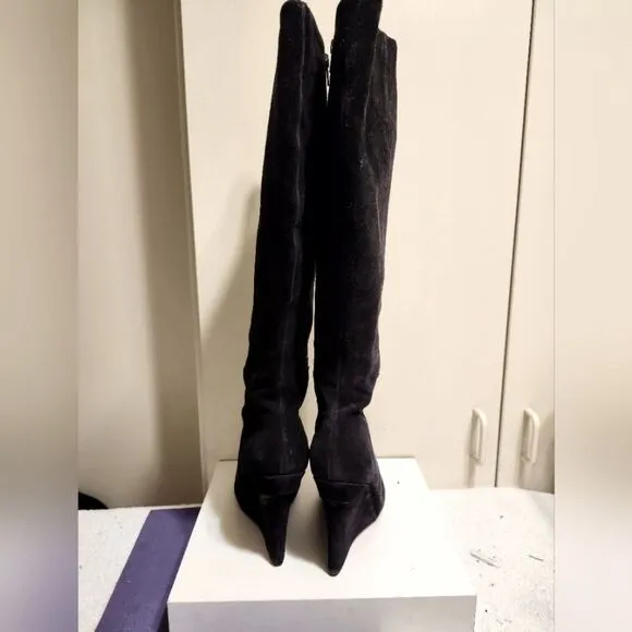 Vera Wang Lavender Black Suede Wedge Heel Zip Up Knee-High Boots Sz.9 Ret $395