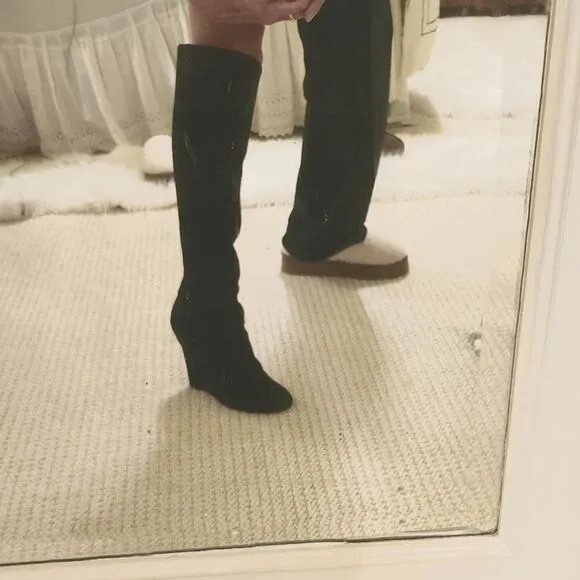 Vera Wang Lavender Black Suede Wedge Heel Zip Up Knee-High Boots Sz.9 Ret $395
