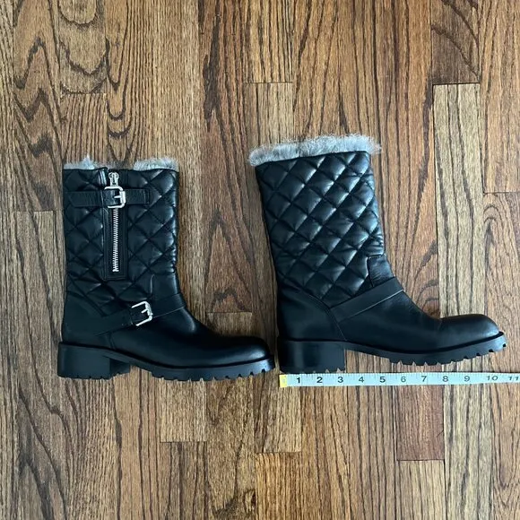 VERO CUOIO Black Leather Boots Diamond Pattern Fur-Lined Ankle Boot Sz 6M