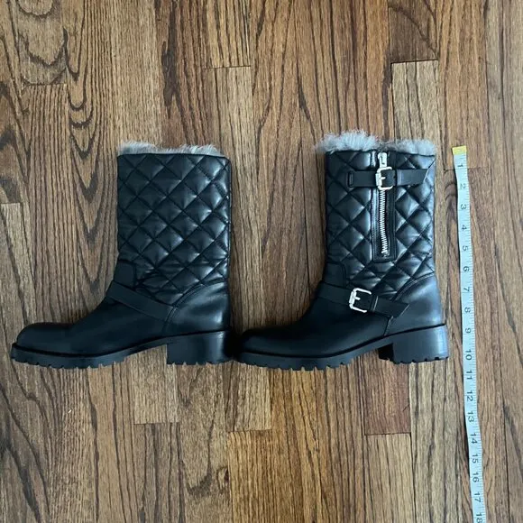 VERO CUOIO Black Leather Boots Diamond Pattern Fur-Lined Ankle Boot Sz 6M