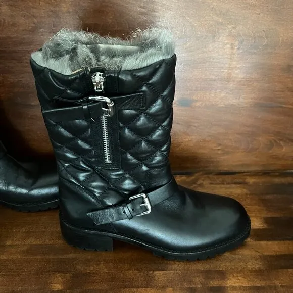 VERO CUOIO Black Leather Boots Diamond Pattern Fur-Lined Ankle Boot Sz 6M